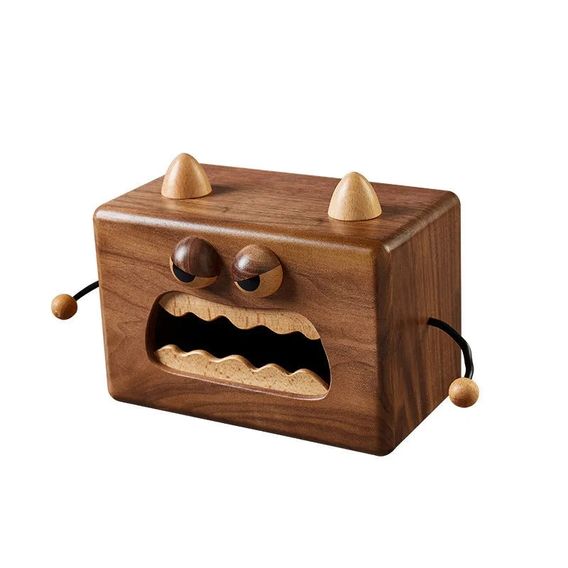 Wooden cartoon Monster tissue box organiser in Walnut Beech finish