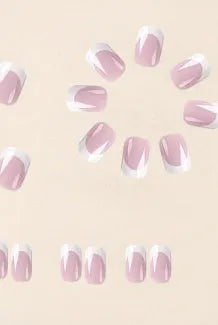 24 white fake nail plates with a black and white plaid pattern, shown in a nail tip style.