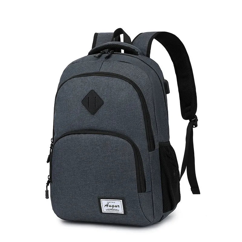 Lightweight grey nylon backpack with USB charging port and trolley case attachment slot.
