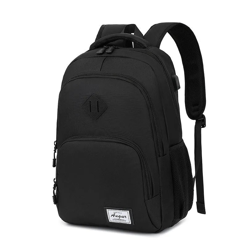 Lightweight grey nylon backpack with USB charging port and trolley case attachment slot.