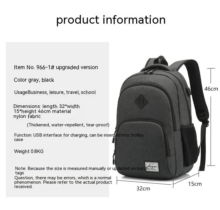 Lightweight grey nylon backpack with USB charging port and trolley case attachment slot.