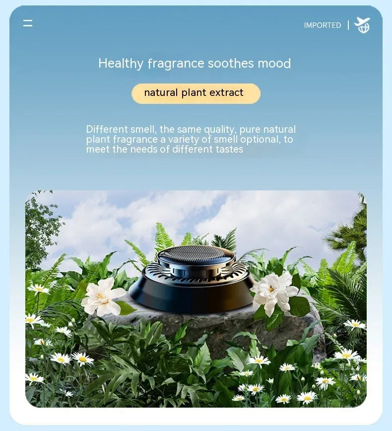 Solar-powered kinetic car air freshener with double rotating rings and plastic housing