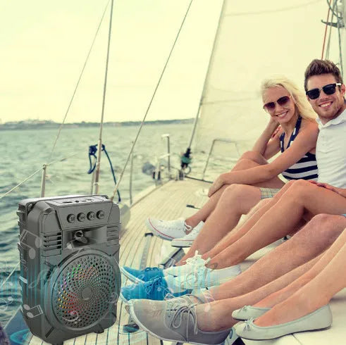 Black ABS Bluetooth speaker with outdoor portable microphone and subwoofer 140x210x109mm 600g