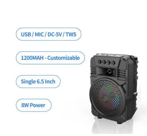 Black ABS Bluetooth speaker with outdoor portable microphone and subwoofer 140x210x109mm 600g