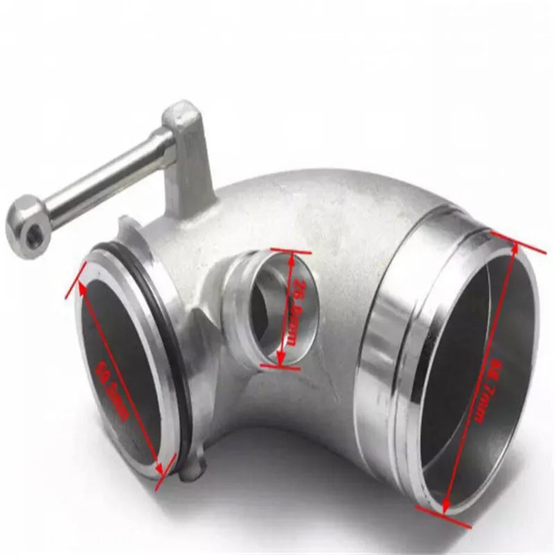 Modified plus-sized 90 degree automotive turbine pipe in aluminium alloy for lateral engine positioning