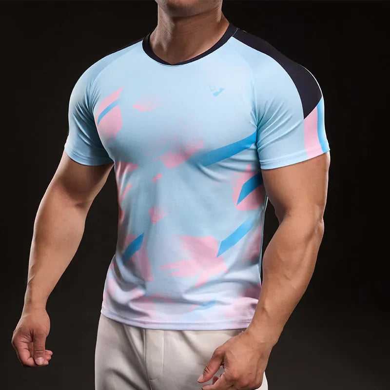 Men's blue and white ice silk quick-dry polyester short sleeve T-shirt for running and fitness, regular fit, sizes M-4XL