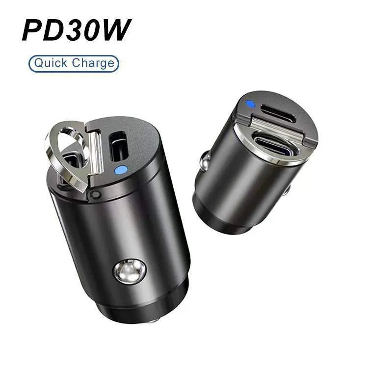 Mini 30W car cigarette lighter charger with zinc alloy construction measuring 45mm length