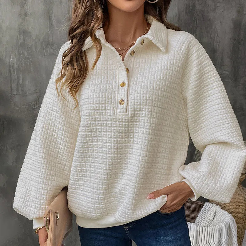 Women's polo collar sweater in milky white thickened polyester knit