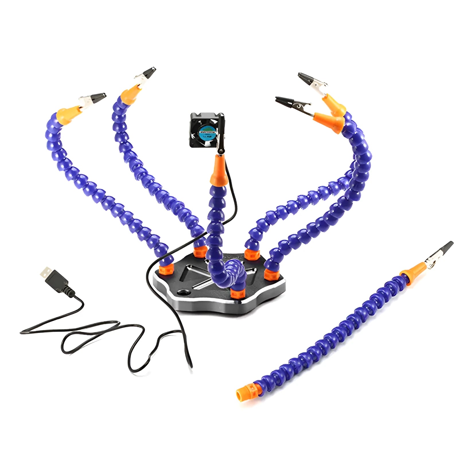 Black and purple aluminium alloy welding station with six claws and seven auxiliary arms for model repair