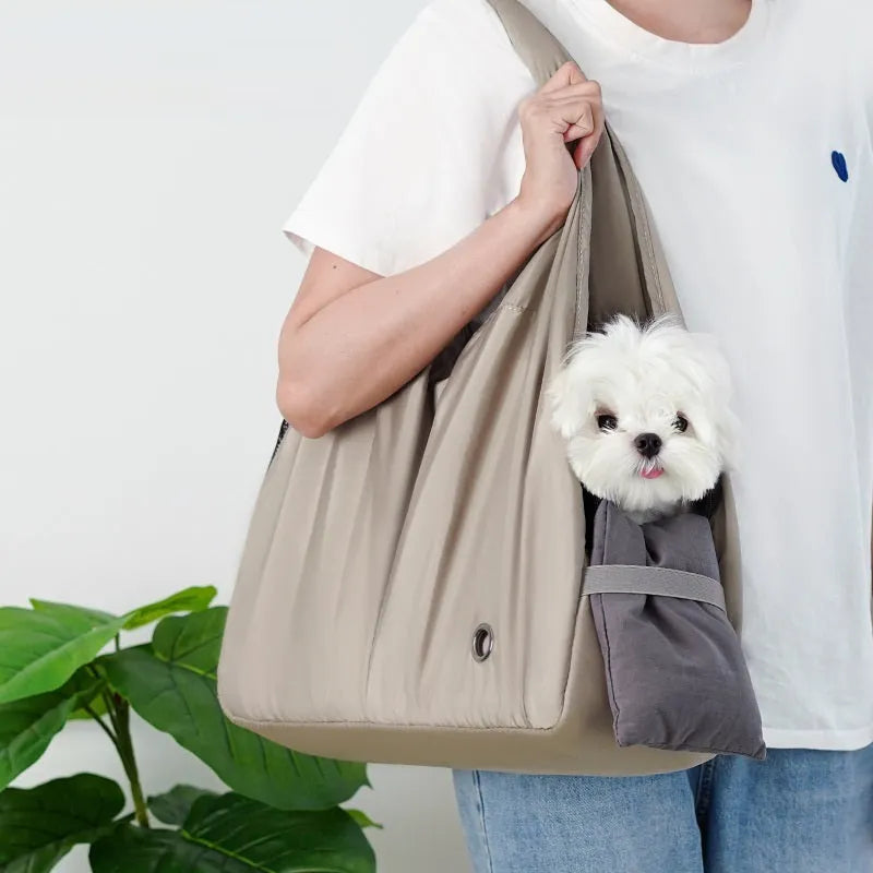 Apricot cloth pet summer breathable handbag carrier measuring 41cm by 16cm by 28cm