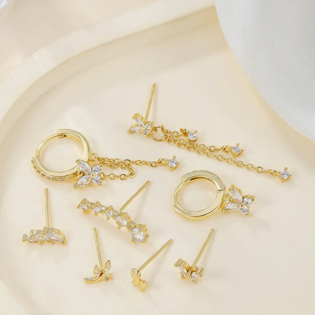 Gold and white copper inlaid zircon butterfly chain tassel ear bone stud eight-piece earring set for women