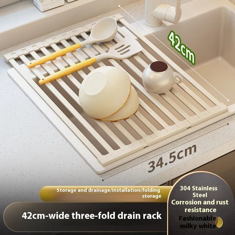 304 stainless steel kitchen draining rack with milky white finish and tri-fold design