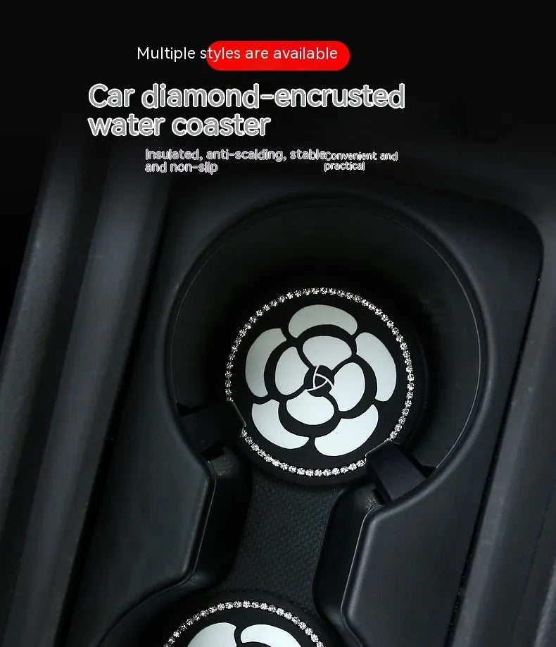 Black and white checkerboard PVC car cup mat inserted into a car door card slot.