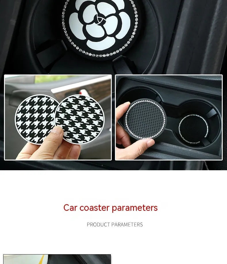 Black and white checkerboard PVC car cup mat inserted into a car door card slot.