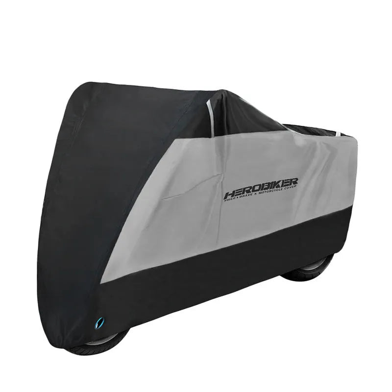 Motorcycle cover in black polyester showing six available sizes for electric vehicles and petrol bikes