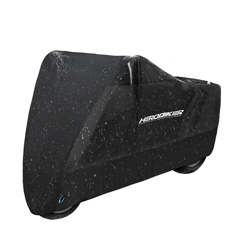 Motorcycle cover in black polyester showing six available sizes for electric vehicles and petrol bikes