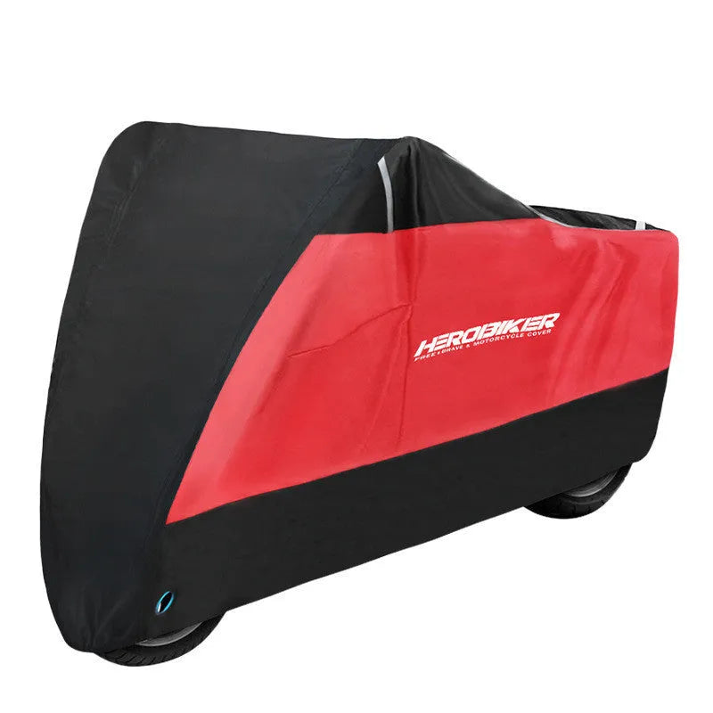 Motorcycle cover in black polyester showing six available sizes for electric vehicles and petrol bikes
