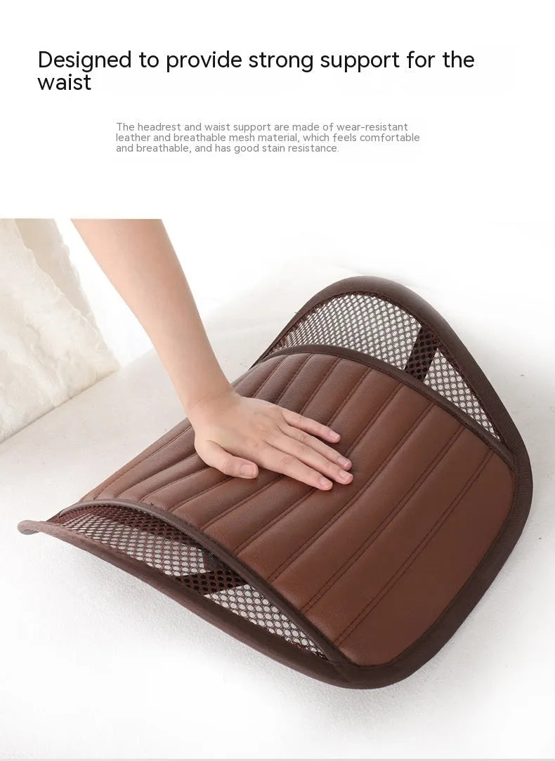 Leather lumbar support cushion on a car seat, shown in sapphire blue colour.