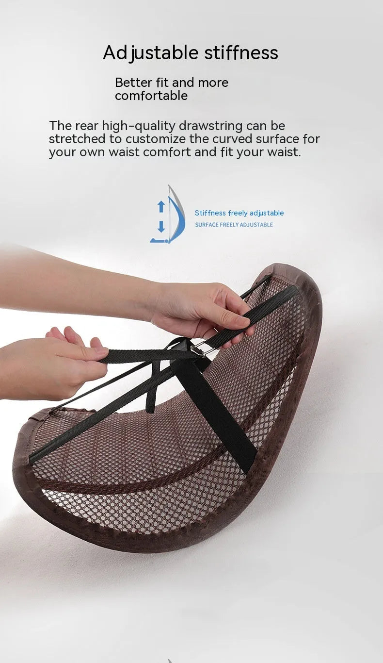 Leather lumbar support cushion on a car seat, shown in sapphire blue colour.