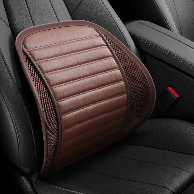 Leather lumbar support cushion on a car seat, shown in sapphire blue colour.