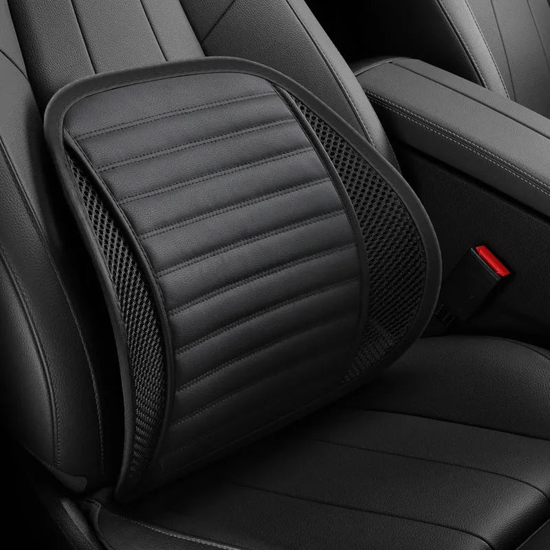 Leather lumbar support cushion on a car seat, shown in sapphire blue colour.