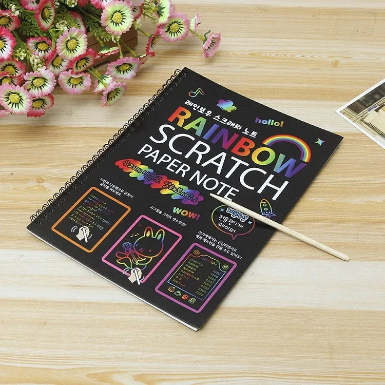 Large 26x19 cm children's scratch art paper with rainbow surface for DIY painting activities