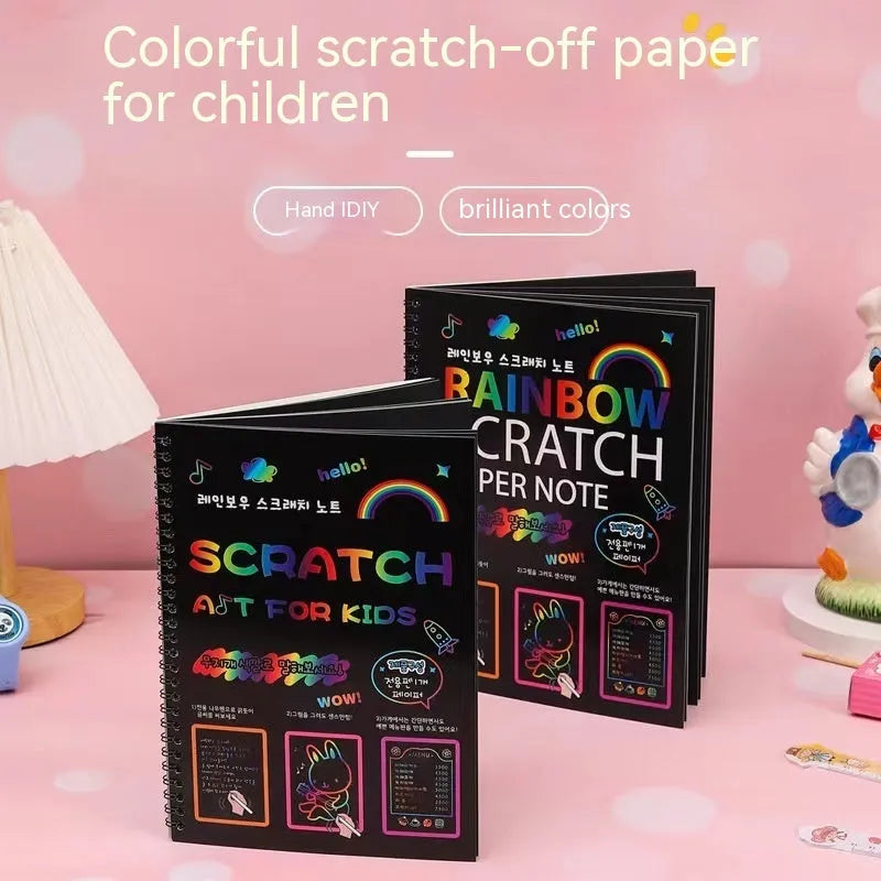 Large 26x19 cm children's scratch art paper with rainbow surface for DIY painting activities
