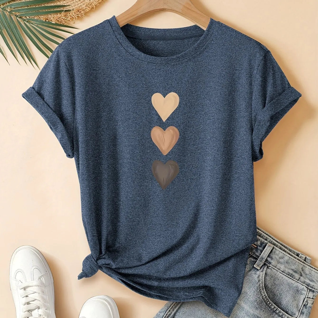 Women's three-heart printed pure cotton short sleeve T-shirt in art retro Chinese style
