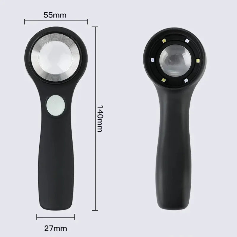 A black or silver appraisal magnifying glass with an optical glass lens and a USB-C charging cable.