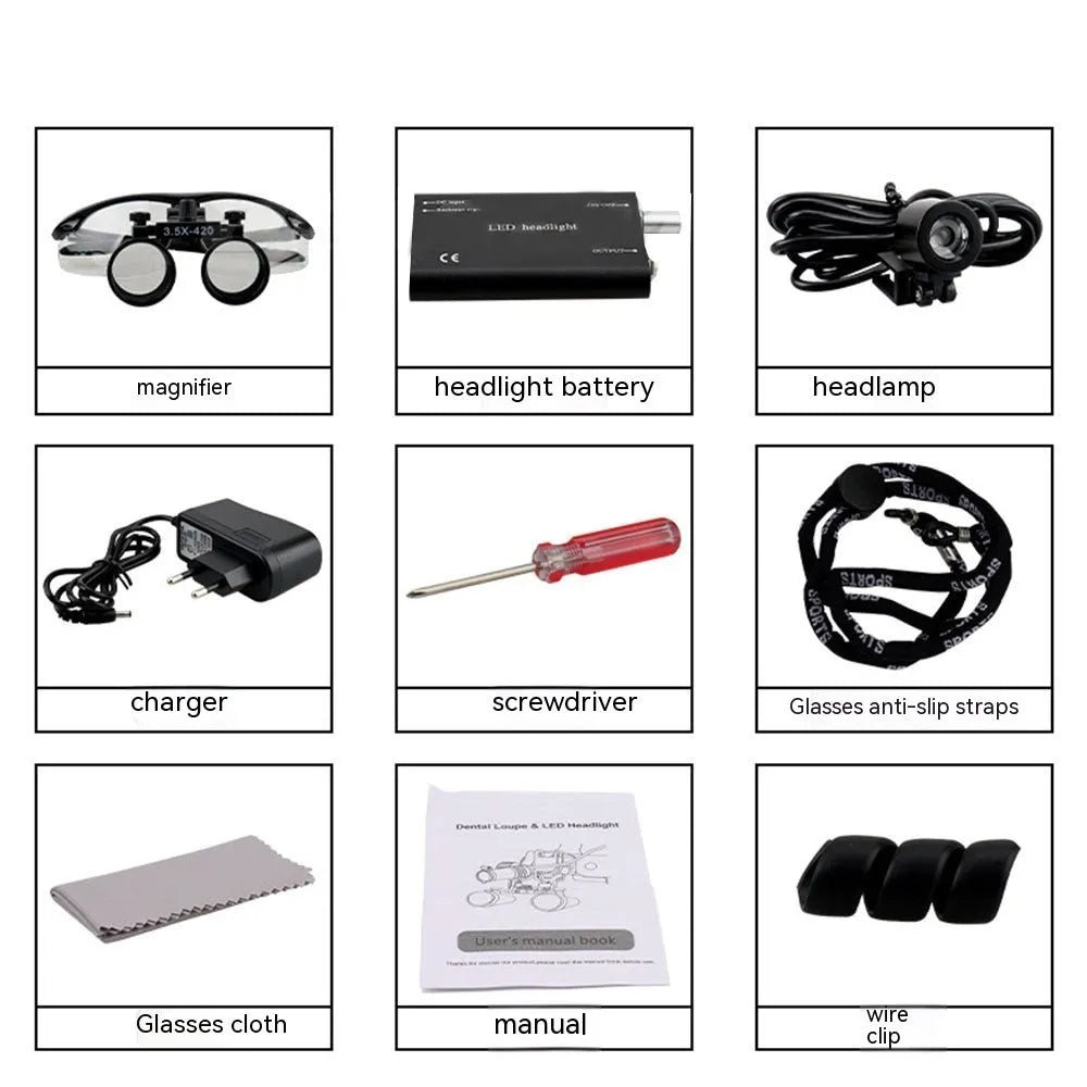 Black dental magnifying glasses with LED headlight showing 3.5X magnification and adjustable head strap
