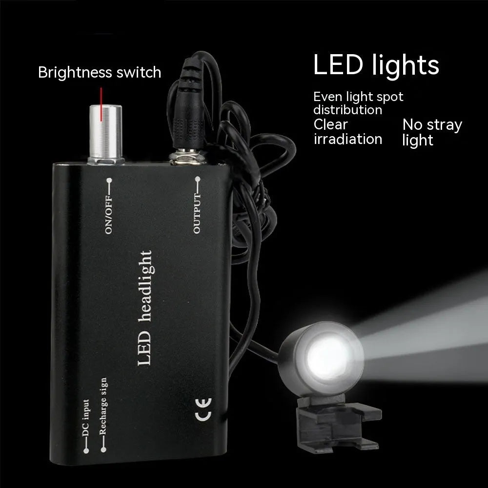 Black dental magnifying glasses with LED headlight showing 3.5X magnification and adjustable head strap