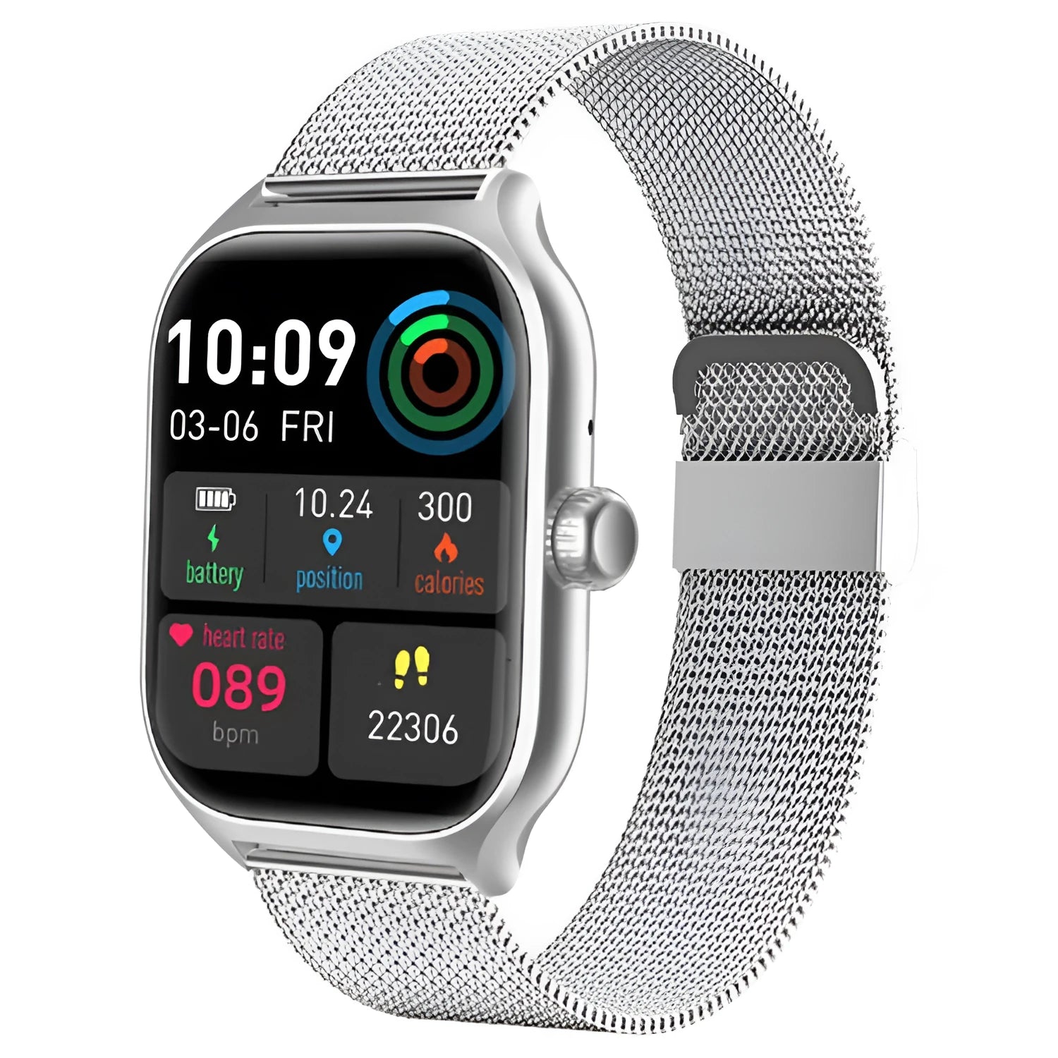 Black Bluetooth smart watch with full touch screen and silicone strap on a wrist