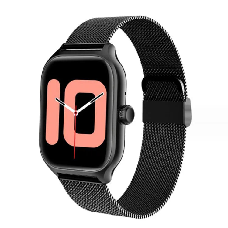 Black Bluetooth smart watch with full touch screen and silicone strap on a wrist