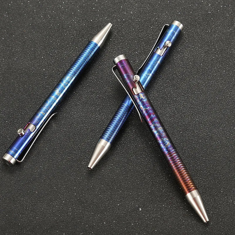 Titanium alloy ballpoint pen with magic color phantom finish and gun bolt handle design, 122mm length