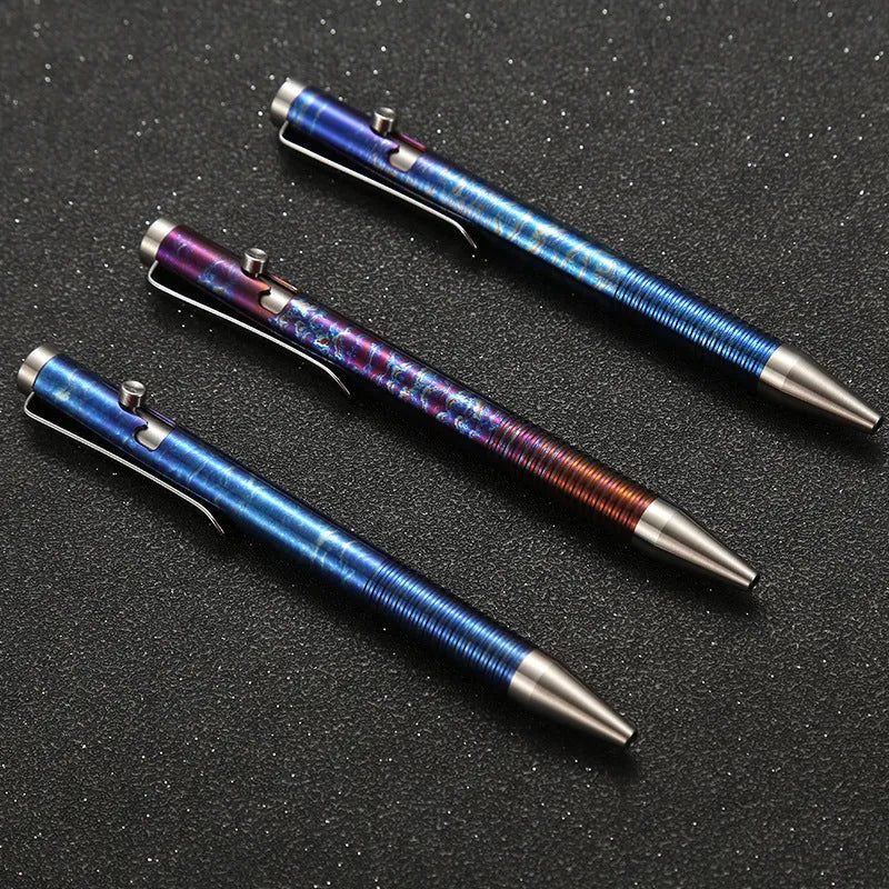 Titanium alloy ballpoint pen with magic color phantom finish and gun bolt handle design, 122mm length