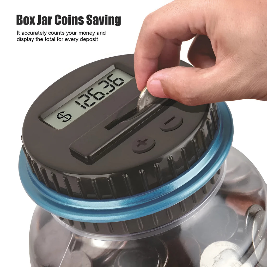 Transparent digital coin counting money box with LCD screen on black lid, 11.5cm by 20cm