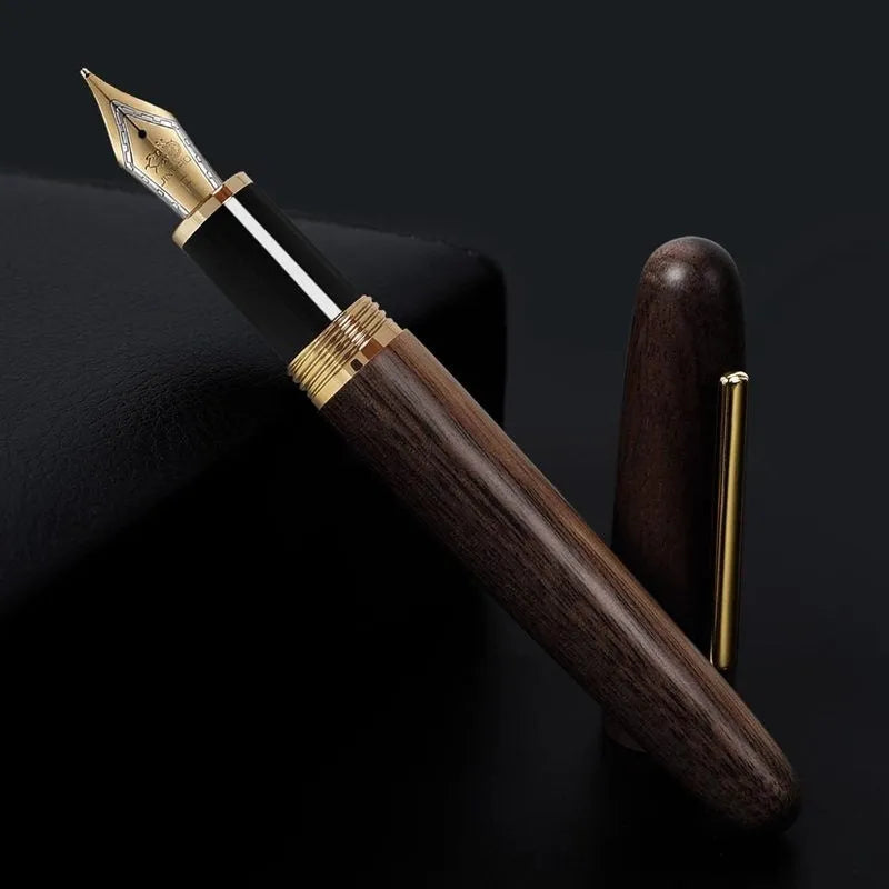 Wooden fountain pen with rotating cap showing choice of ebony, rosewood and tiger ebony finishes