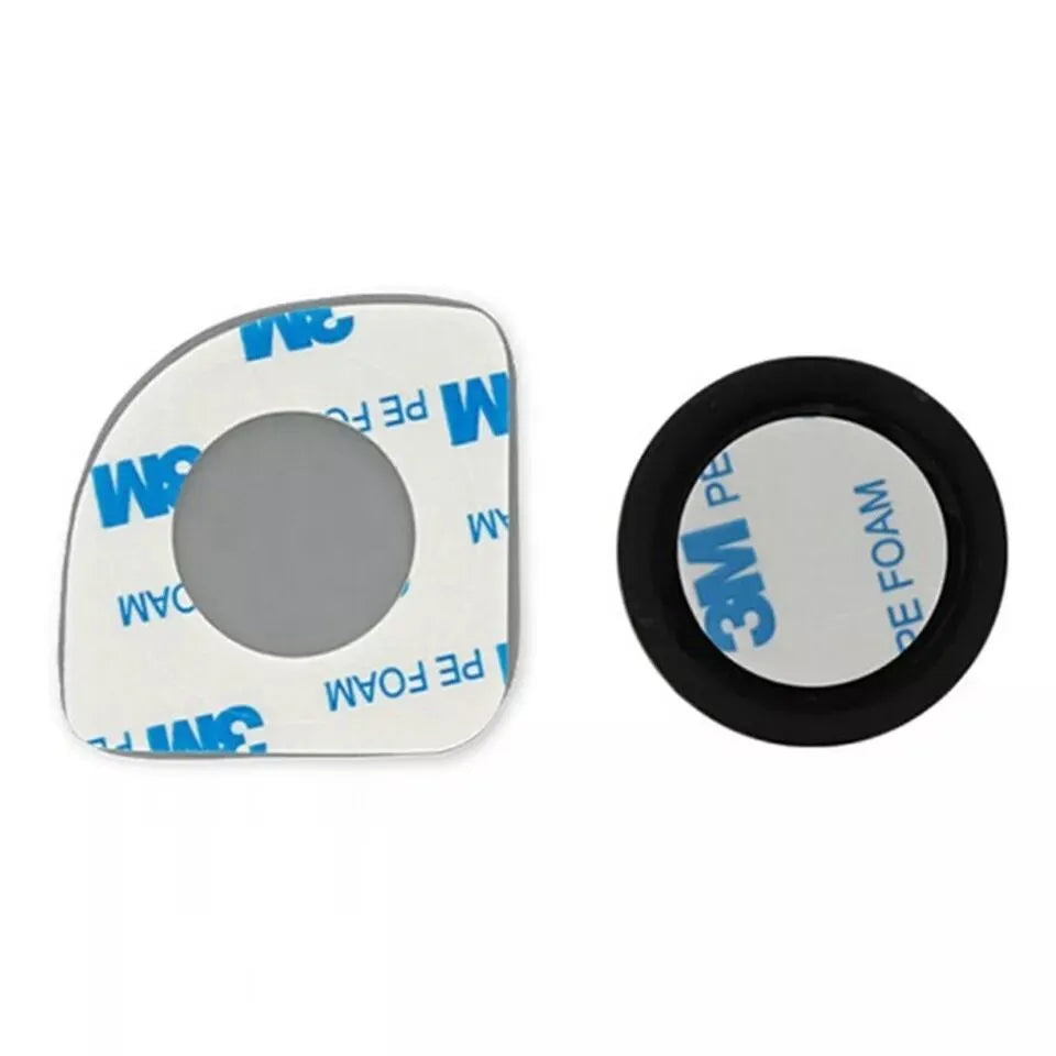 A pair of small, fan-shaped white glass blind spot mirrors for cars, showing 360-degree adjustable mounting.