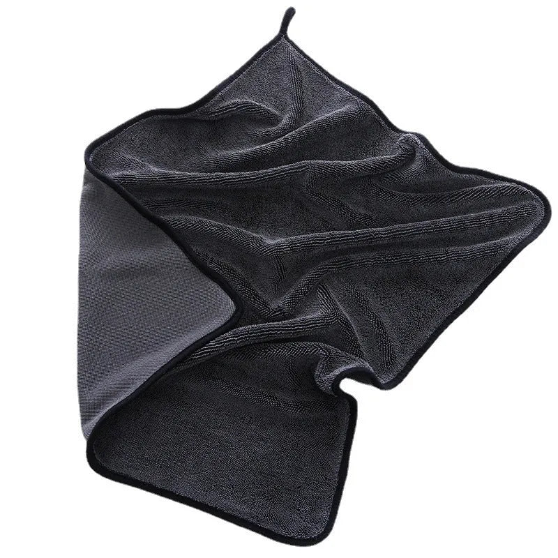 Grey car cleaning cloth with a hemmed edge, shown in various sizes for interior wiping and drying.