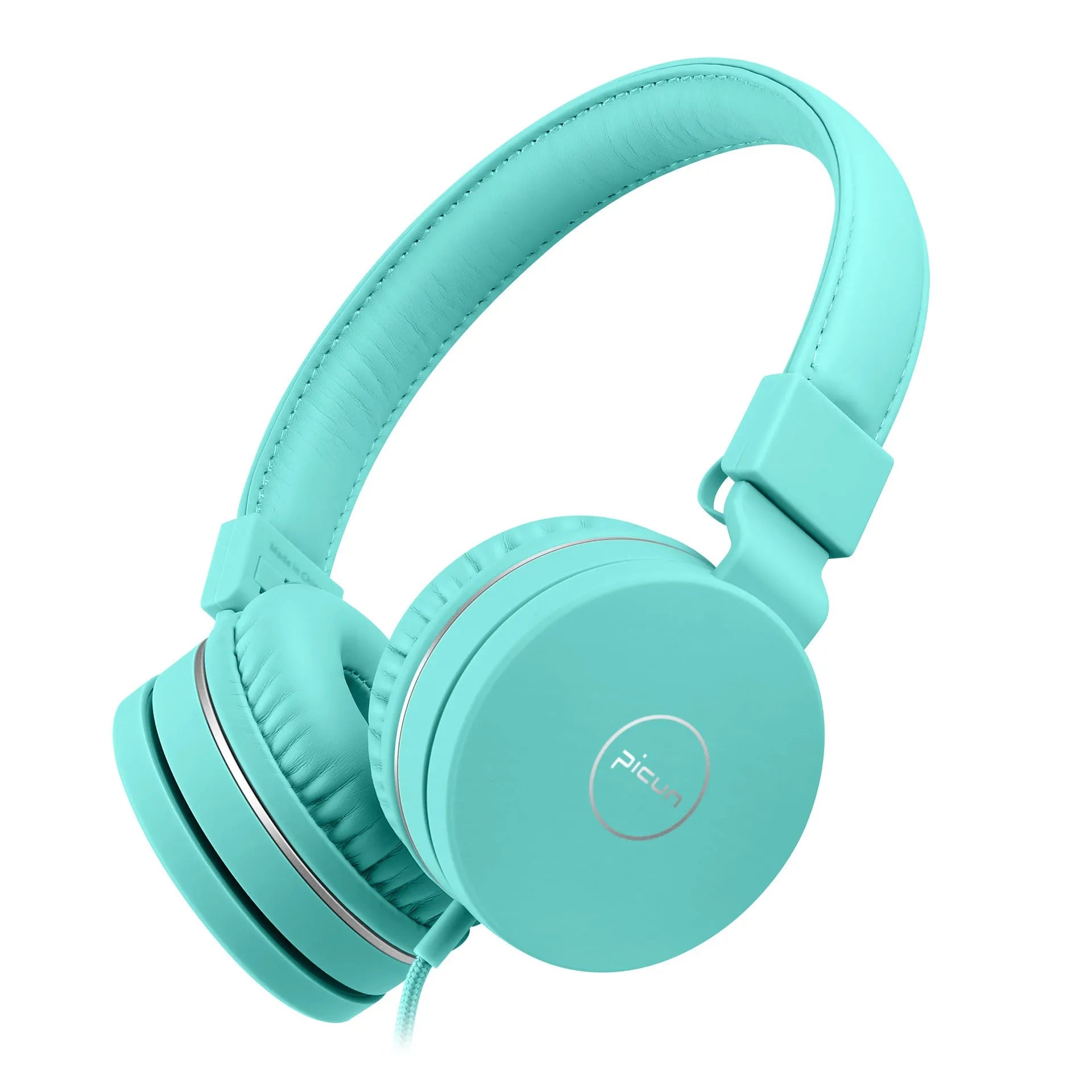 Bengoo C30 wired headset with microphone in blue green colour showing 3.5mm plug and protein ear cushions
