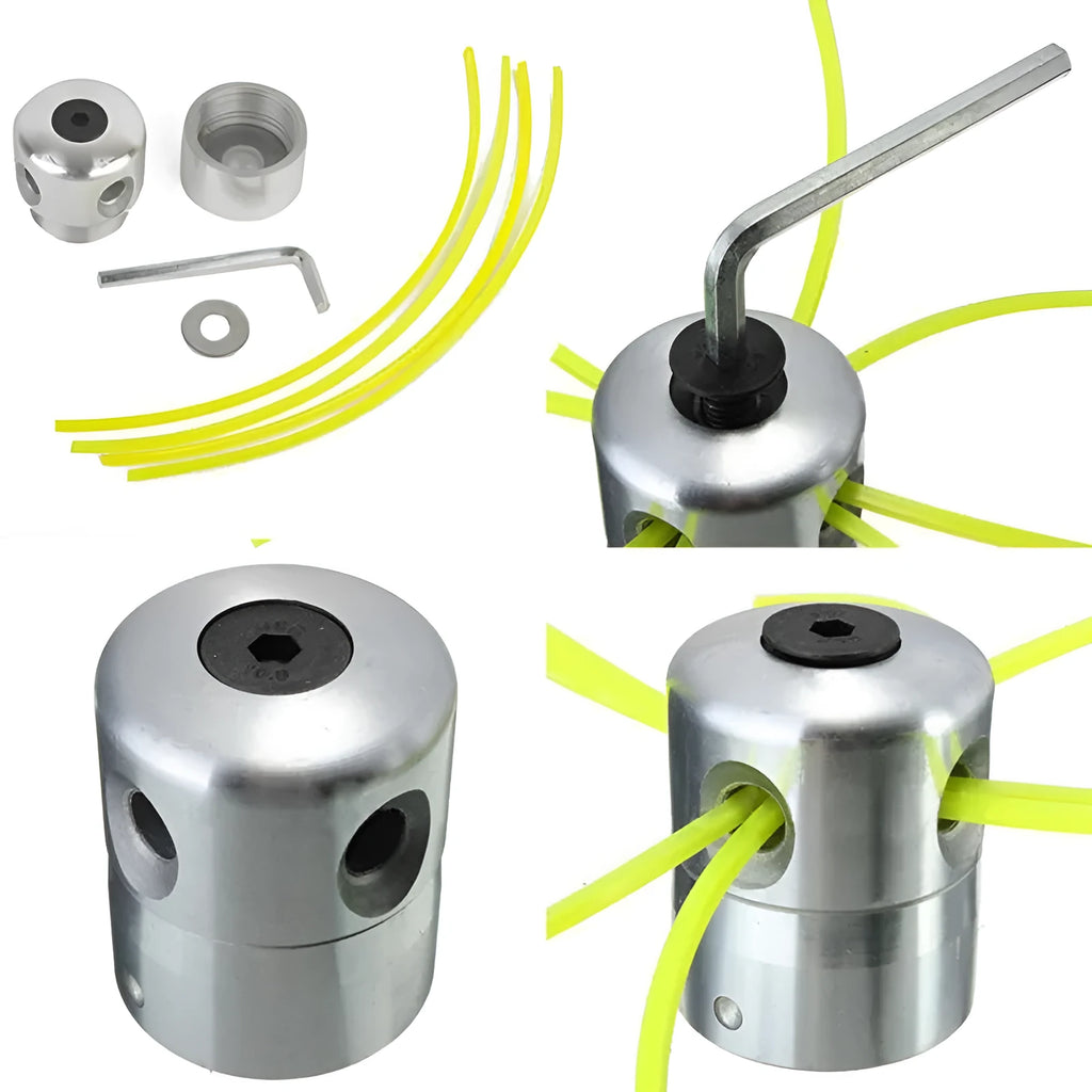 Luzhu aluminium lawn mower grass head kit with four light yellow trimmer lines and a wrench.