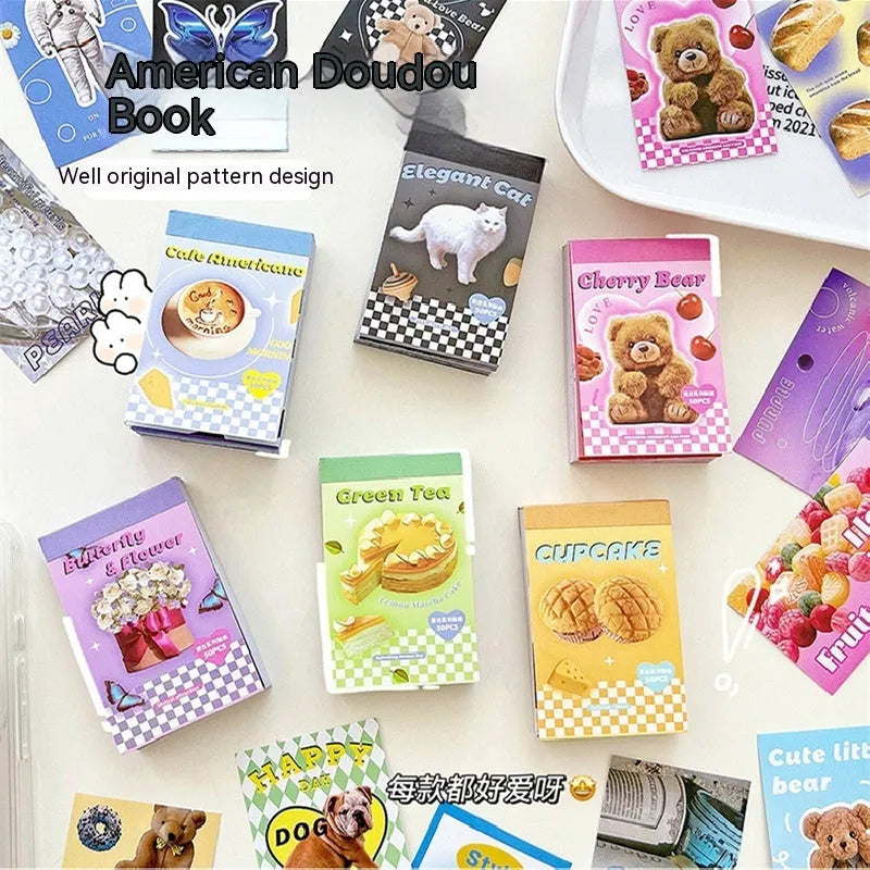 American retro cartoon sticker book open to show 4x6cm sheets in various colours including pink and black.