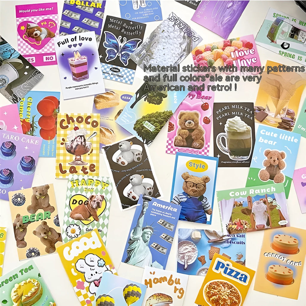 American retro cartoon sticker book open to show 4x6cm sheets in various colours including pink and black.