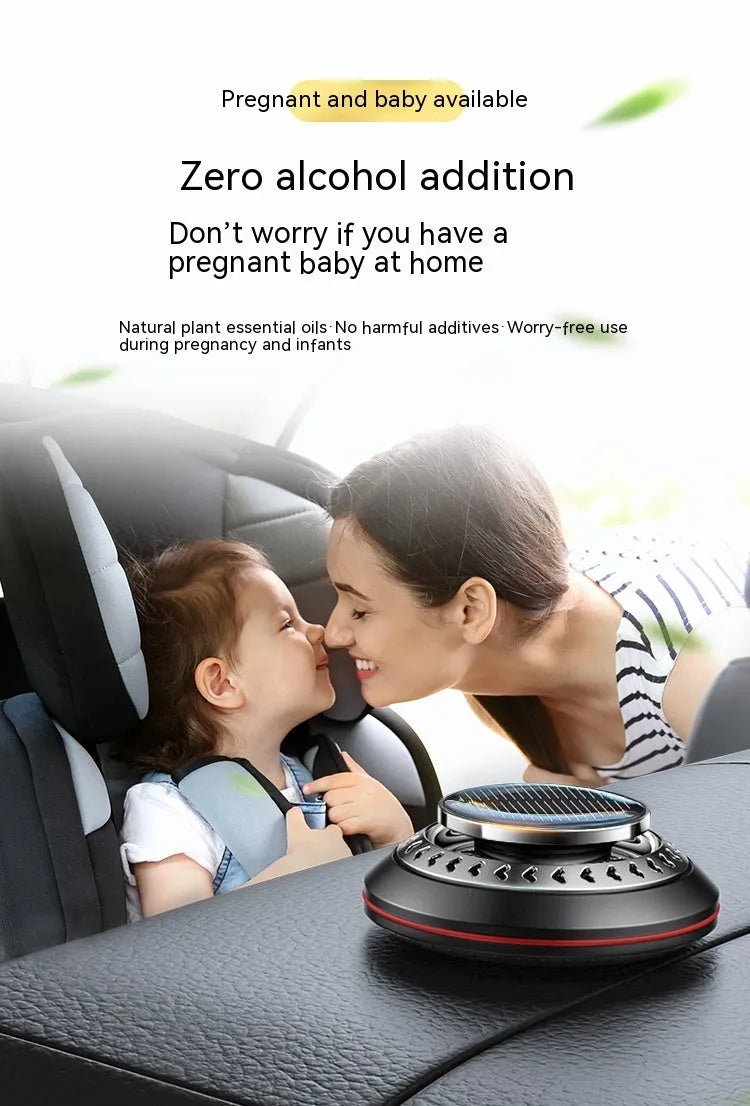 Solar-powered aluminium alloy car air freshener in black, red, or silver for odour removal.