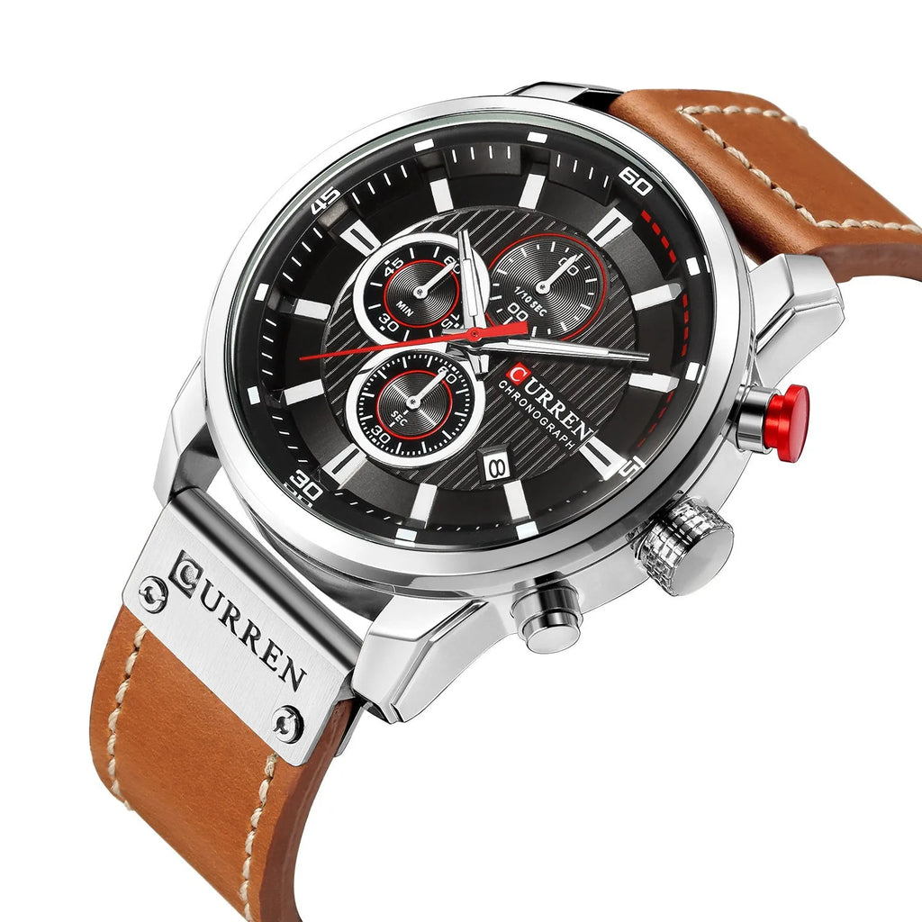 Men waterproof chronograph sport military quartz wristwatch with leather band, titanium buckle, and 47mm dial on wrist