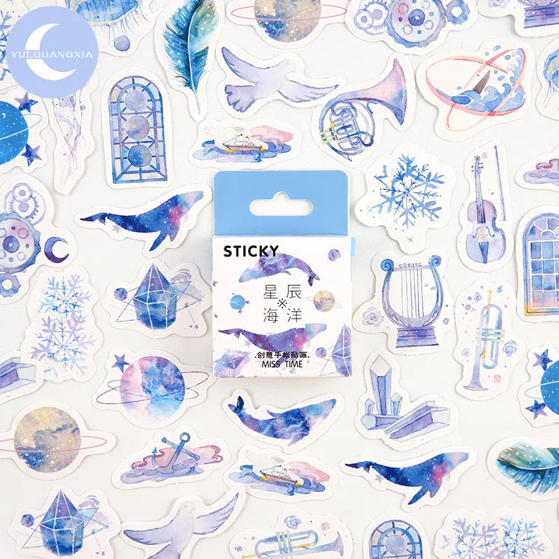 Children's decorative cartoon sticker set with 46 printed designs in protective packaging