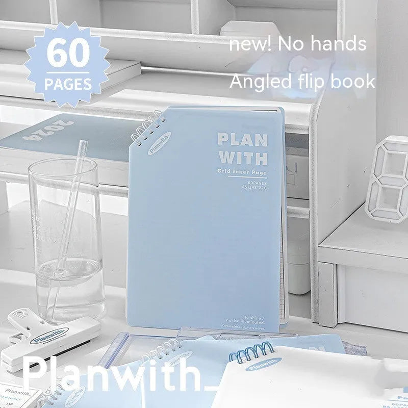Oblique Angle Book series artsy notebook in A5 and B5 sizes with plaid blue or white covers.
