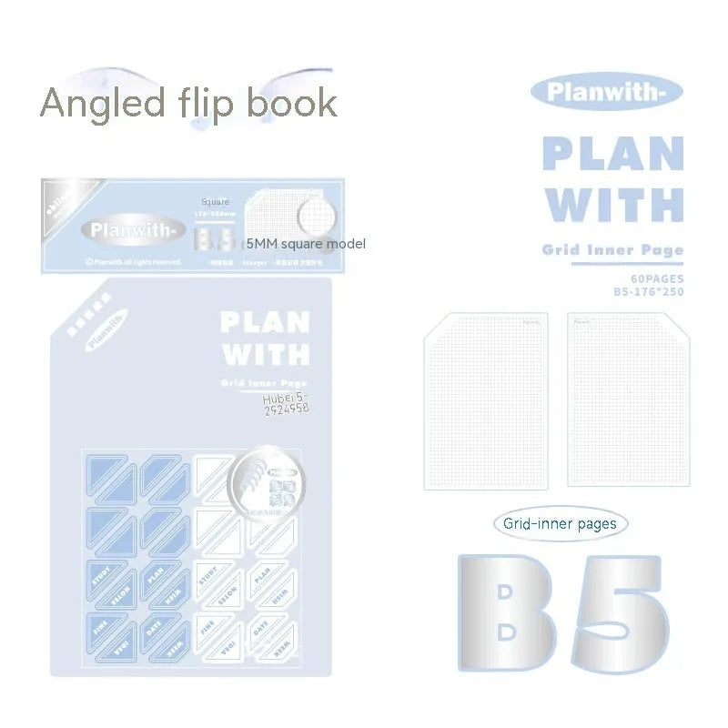Oblique Angle Book series artsy notebook in A5 and B5 sizes with plaid blue or white covers.
