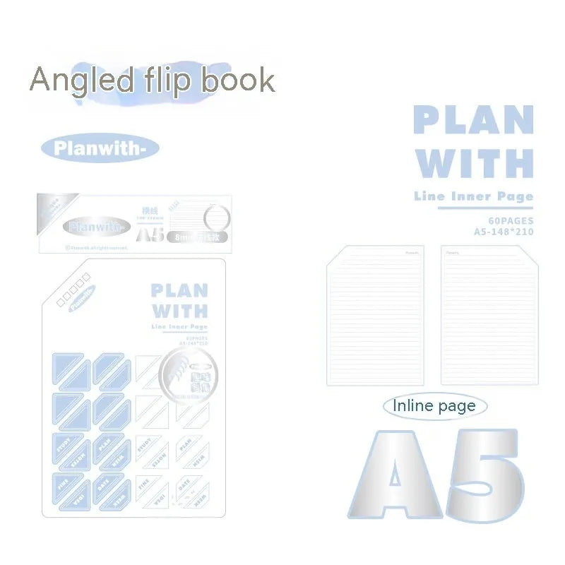 Oblique Angle Book series artsy notebook in A5 and B5 sizes with plaid blue or white covers.