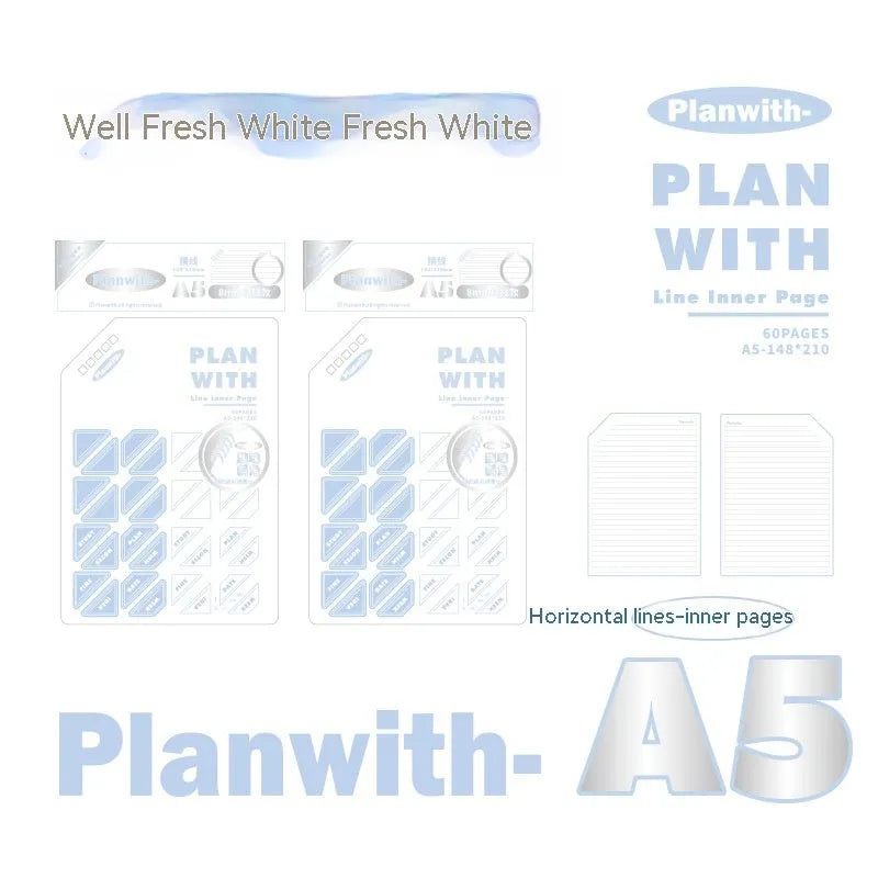 Oblique Angle Book series artsy notebook in A5 and B5 sizes with plaid blue or white covers.